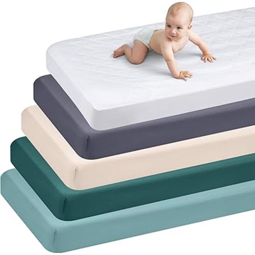 Newwiee 6 Pcs Baby Bedding Set - Fitted Sheet Crib Waterproof Mattress Protector, 28" x52" Soft Quilted Toddler Mattress Pad Cover, Machine Washable for Standard Crib(Classic Color)