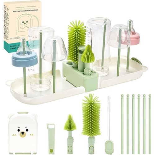 Bottle Cleaner Brush Set, 7 in 1 Bottle Brush Cleaner Baby, Home and Travel Bottle Brush Set Contain Bottle Brush, Nipple Brush, Straw Brush, Storage Box, Soap Dispenser, Bottle Drying Rack