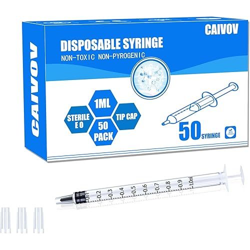 50 Pack 1ml Syringe with Cap, Luer Slip Tip, Syringe for Liquid, No Needle, Individual Sterilized Wrapped (1 ML, 50 Pack)