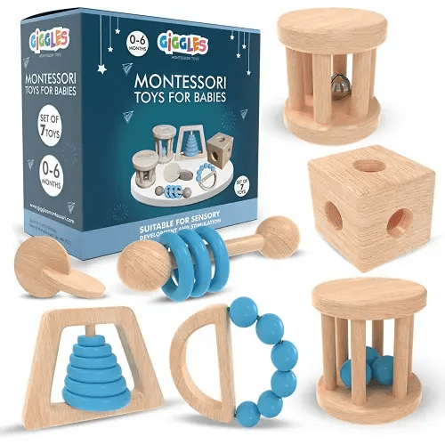 Giggles Montessori Toys for Babies 0-6 Months, Wooden Baby Toy Rattle, Teether, Teethers, Teething for Babies, Natural Wood, Baby Toys, Infant Circle Rattle, Rattles, Baby Wooden Toys 6-12 (Blue)