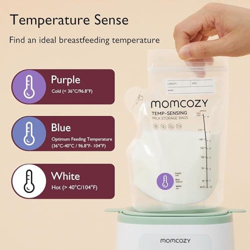 Momcozy Breastmilk Storage Bag, 8Oz, Temp-Sensing Color Change, 120 Count Milk Storage Bags Breastmilk with Pour Spout, Milk Bag with Self Standing for Breastfeeding, No Leak Presterilized for Freezer