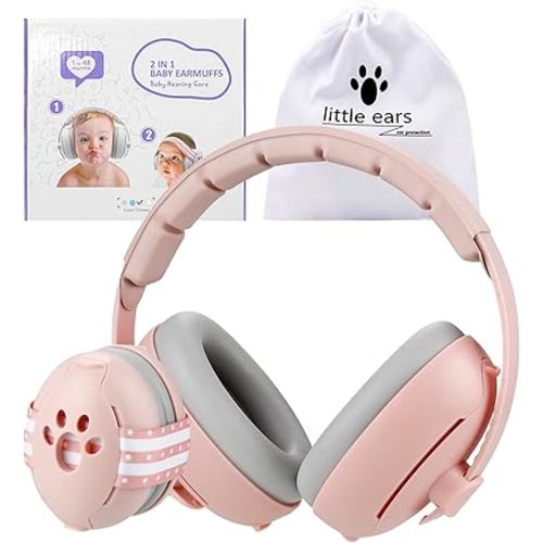Baby Ear Muffs Noise Protection, 2-In-1 Baby Noise Cancelling Headphones for 0-48 Months Infants Toddlers, Travel Essentials for Airplane Fireworks Sleeping Pink