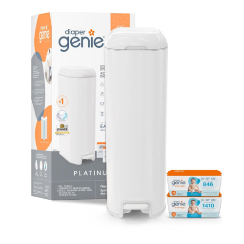 Diaper Genie Platinum Pail Gift Set, Lily White, Made of Durable Stainless Steel and Includes 2 Easy Roll Refills with 18 Bags and 30 Bags