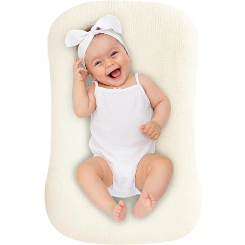 UBBCARE Muslin Baby Lounger Cover, Baby Nest Sleeper Cover for Baby Boys and Girls, Washable Slipcover Fit Infant Lounger, Organic Lounger Cover for Newborn - Beige