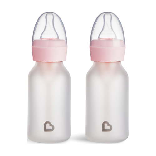 Munchkin Bond™ Silicone Coated Glass Baby Bottles - Anti-Colic Feeding System with Natural Feel Nipples, 4 ounce, 2 Pack, Pink