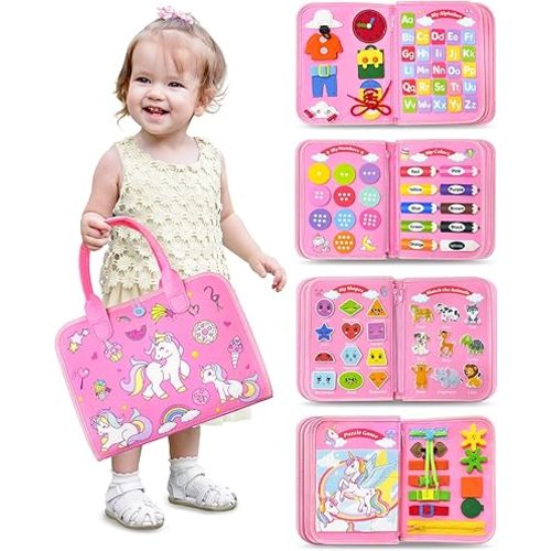 Toddler Busy Board Montessori Toys for 1 2 3 4 Year Old Girl Birthday Gifts, Busy Book Sensory Learning Toys for Toddlers 1-3, Airplane Car Travel Educational Activities Ages 2-4 Girl