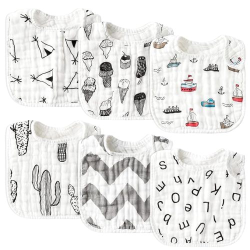 Zainpe 6Pcs Snap Muslin Cotton Baby Bibs Summer Ice Cream Pattern Infants Drooling Bib Soft Absorbent Adjustable Burp Cloths Feeding Bibs for Newborns Girls Boys Toddlers Teething Eating 0-36 Months - Dark Gray