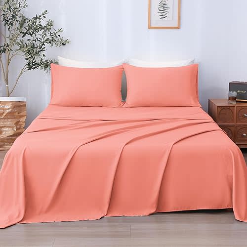 LONAVA Twin Sheet Set 3 Pieces,Peachy Coral Ultra Soft & Breathable Microbifer Sheets, 1600 Thread Count Hotel Luxury Oeko-Tex Bed Sheets, 14-16 Inch Deep Pocket Durable Wrinkle Free Sheets