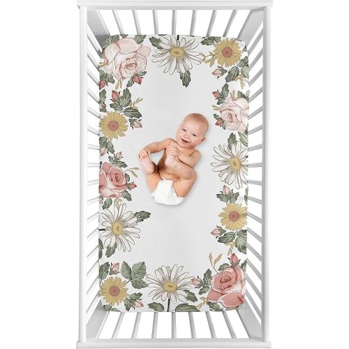 Sweet Jojo Designs Vintage Floral Boho Girl Fitted Crib Sheet Baby or Toddler Bed Nursery Photo Op - Blush Pink, Yellow and Green Shabby Chic Rose Flower Farmhouse