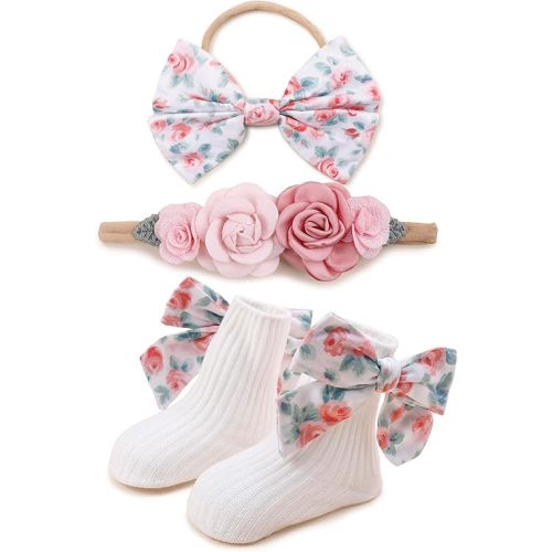 Baby Girl Nylon Headbands Socks Set Baby Bow Tie Socks Newborn Flower Socks Elastic Hairbands Hair Accessories Gift for Newborn Infant Toddlers (W-1)
