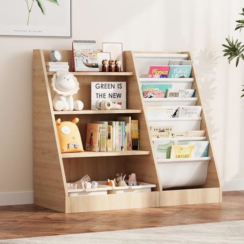 NACHES 4 Tier Kid Bookshelf Wooden 5 Sling Children Bookcase Toddler Montessori Bookcase Book Rack Display Toy Storage Organizer Adjustable Book Display Shelf Stand Classroom Bedroom Nursery Playroom