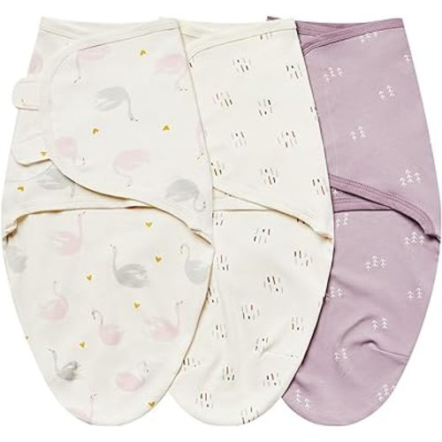 insular Baby Swaddle Wrap, Swaddle Blanket for Newborn and Infant, Adjustable Swaddle Set for Boy and Girl, Soft Cotton Baby Sleep Sack 3 Pack (Small(0-3 Month), Beige Swan)