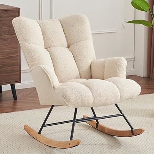 Rocking Chair Nursery Teddy, Upholstered Baby Fluffy Glider Rocker for Adults Indoor, Comfy Sherpa Compact Nursing Chairs for Small Spaces, Living Room, Classroom, Bedroom, Ivory