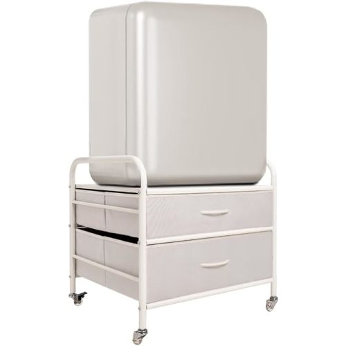 Mini Fridge Stand, KOZIDO 2 Drawers Organization Rolling Cart for Mini Fridge, Dorm Fridge Storage Cart with Black Metal Frame, 4 Swivel Wheels, 2 Fabric Drawers with Wood Handle - White