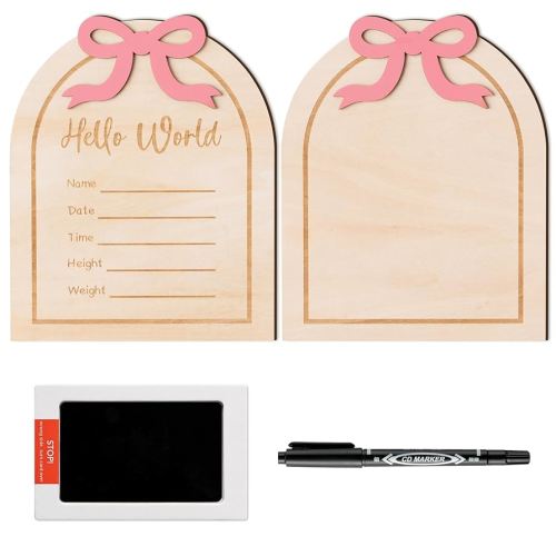 R HORSE Baby Birth Announcement Sign - 3D Wooden Baby Birth Sign with Marker Pen for Hand and Footprints, Coquette Pink Bow Newborn Name Announcement with Ink Pad for Girls Nursery Decor Keepsake Gift
