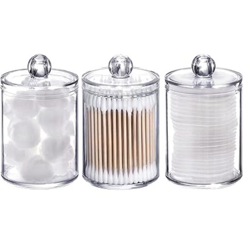 Tbestmax 3 Pack Plastic Cotton Swab Ball Pad Holder, 10 Oz Bathroom Organizer, Qtip Apothecary Jar Clear Container Dispenser