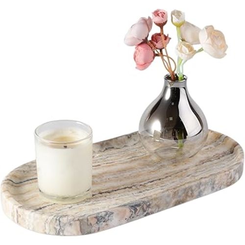 Koville Natural Marble Bathroom Tray for Decor Countertop, Marble Vanity Tray for Candles Perfume, Jewelry, Cosmetics, Stone Decorative Trays for Dresser Organizer(White Traonyx)