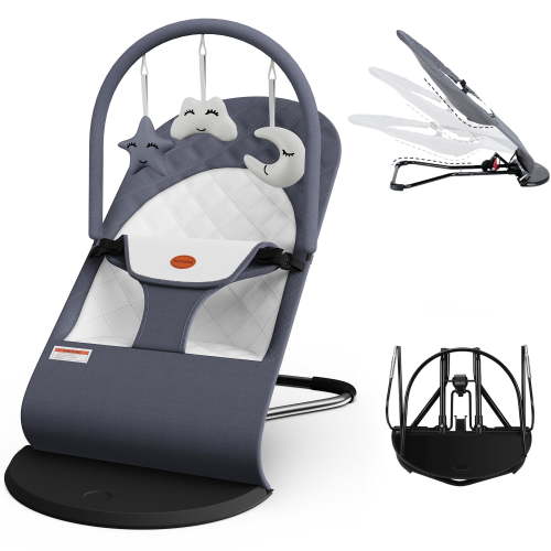 2-in-1 Baby Swing & Bouncer, 0-18 Months Portable Ergonomic Infant Chair with 3 Modes Rocker & Stationary Function, Hanging Toys, Grey
