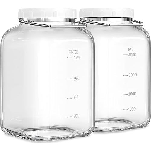 1.5 Gallon Glass Jar with airtight Lid, 2 Pack Wide Mouth Mason Jars with Sturdy Handle, Storage Containers with 2 Clear Scales(192 fl Oz/5700ML), Large Glass Jar for Pickling, Canning, Storage