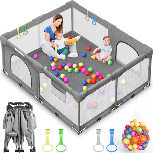 Foldable Playpen for Babies and Toddlers: 71" L x 59" W x 27" H, Large Kids Playpen, Portable Baby Play Yard for Indoor and Outdoor Play Area, Baby Gate Playpen with 50PCS Ocean Ball, 4 Handles