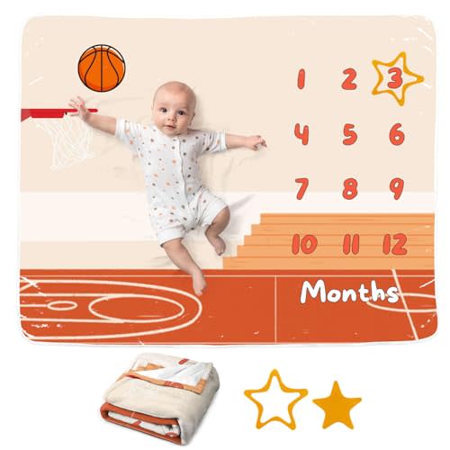 Basketball Baby Monthly Blanket for Boys, Soft Flannel Photography Background Prop, Personalized Shower Gift