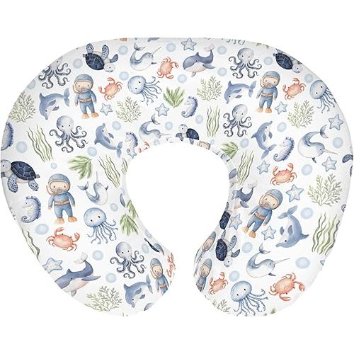 Sea Animal Baby Nursing Pillow Cover for Boy Girl Diver Turtle Jellyfish Whale Sea Weeds Starfish Nursing Slipcover for Breastfeeding Pillows Cute Ocean Animals Soft Stretchy Cover for Newborn Infant
