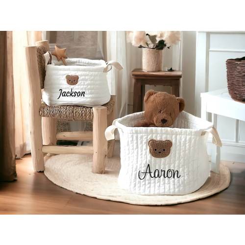 Personalized Baby Toy Storage Basket | Embroidered Name Bear Design | Cute Baby Diaper Sorting Bin | Baby Shower Gift Ideas |