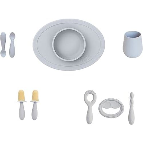 ezpz Ultimate Baby Shower Bundle (Pewter) Tiny Pops + Oral Developmental Tools + Tiny Bowl + Tiny Cup + Tiny Spoons | Baby Essentials