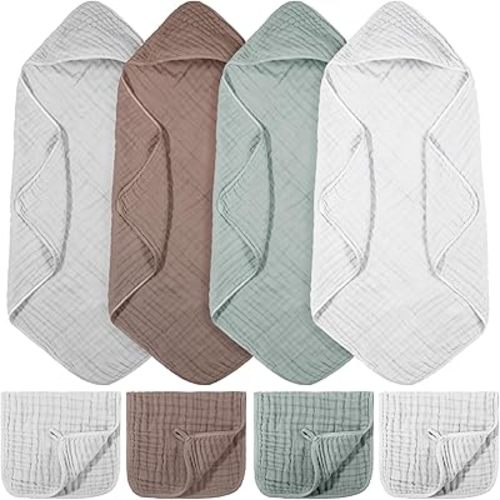 8 Pcs Baby Muslin Hooded Bath Towels and Washcloths, 32 x 32 Inch Muslin Cotton Absorbent Hooded Blankets for Gift Newborn Infant Shower (Grey, Blue)