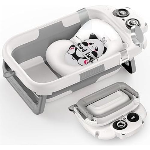 Foldable Baby Bathtub, Lightweight Bathtub for Infants to Toddlers with Soft Cushion & Thermometer, Portable Baby Tub Newborn to Toddler 0-24 Months(Grey)