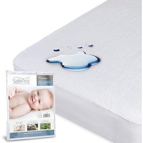 SafeRest 100% Waterproof Crib Size Mattress Protector - Fitted with Stretchable Pockets - Machine Washable Cotton Mattress Cover for Bed
