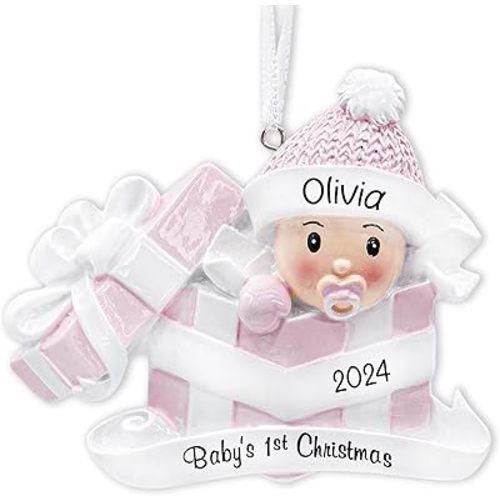 Personalized My Baby's First Christmas Ornament 2025 | Custom Baby Girl in Pink Present Xmas Tree Decoration – New Baby Newborn Daughter Grandbaby 1st Year Xmas Keepsake