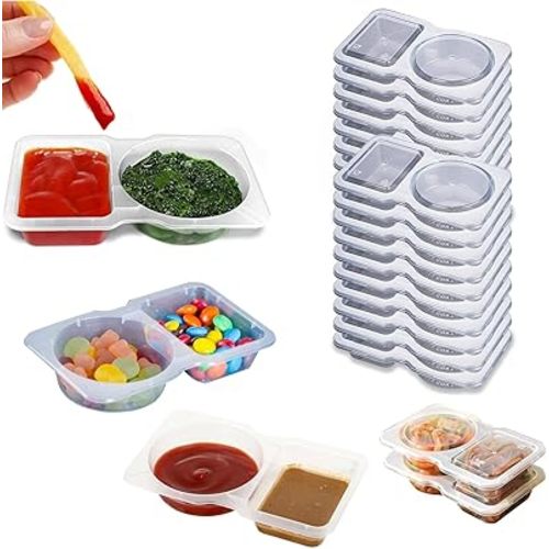 25 Sets Condiment Containers with Lids, Disposable Double Compartment Plastic Containers for Sauces, Snacks, Travel, Sampling, and Outdoor Meals