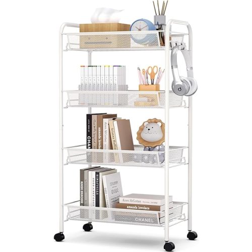 TOOLF 4-Tier Rolling Cart, Metal Utility Cart with 3 Hooks, Easy Assemble Mobile Storage Trolley On Wheels, Metal Shelving Units Kitchen Bathroom Laundry Room