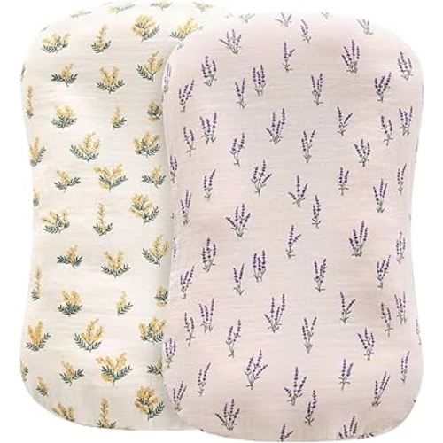 LifeTree Muslin Baby Lounger Cover, Newborn Slipcover Lounger Cover for Boys Girls Infant, Soft Organic Cotton, Cover Only, Acacia and Lavender Pattern, 30.7in x 20in