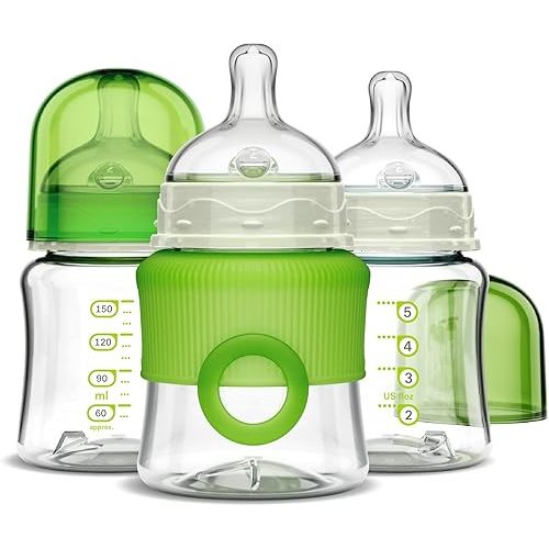 Smilo Baby Bottle Set with Stage 0 Slow Flow Anti Colic Nipple, 5 Oz / 150 ml Capacity, 3X Pack of Anti Colic Baby Bottles 0-3 Months - Glow in The Dark