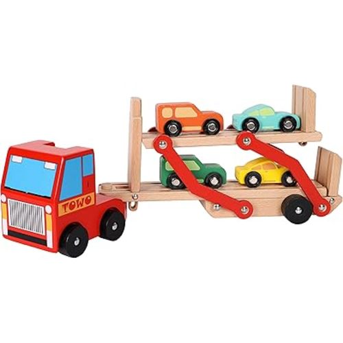 TOWO Wooden Car Transporter Toy Double Decker Trailer with 4 Cars ramp Racer - Wooden Toy Truck Carrier for 3 Years Old Boys Vehicle Toys for Kids
