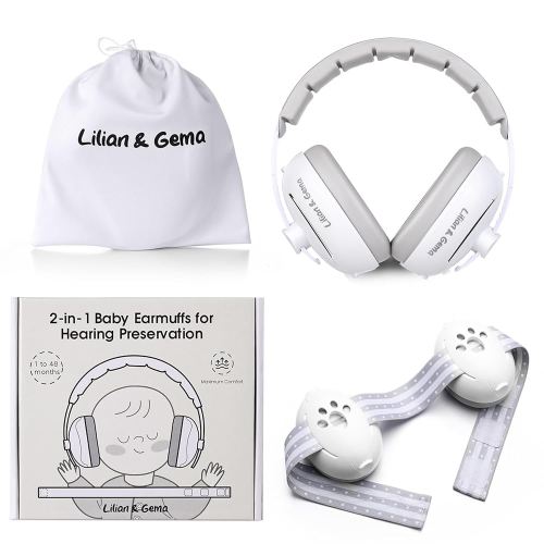Lilian&Gema 2-in-1 Baby Ear Muffs Noise Protection, Adjustable Headphones with Stretchy Band, Noise Cancelling for Toddler up to 4 Years, Airplane Essentials/Outdoor, White