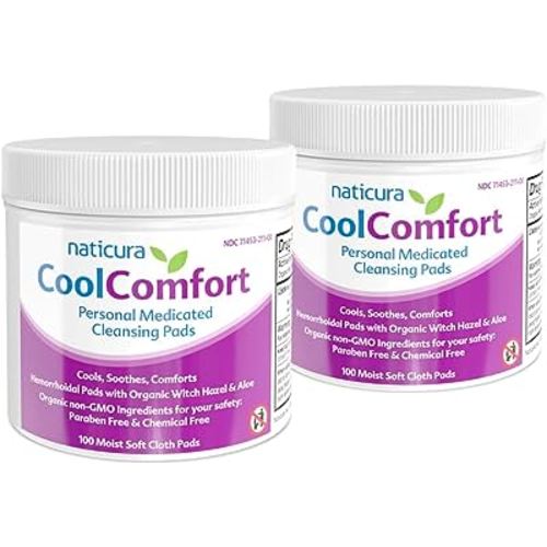 CoolComfort Personal Cleansing Pads with Organic Witch Hazel and Aloe Vera - All-Natural and Fast Acting Wipes for Hemorrhoid Burning, Itching, Pain and Swelling - 100 Pads - No Parabens - 2 Pack