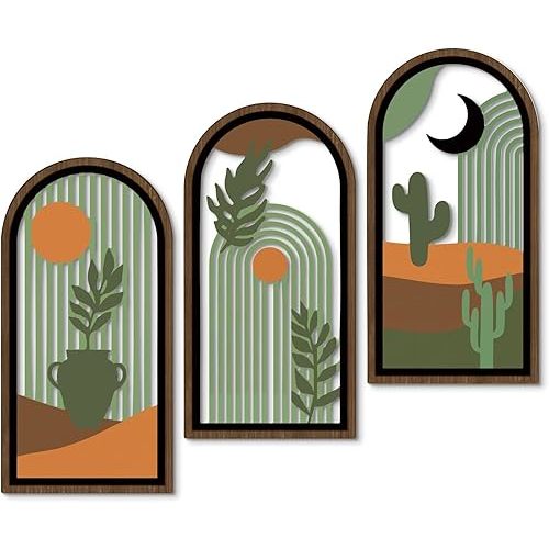 Putuo Decor Boho Wall Decor with Cactus, Modern Wooden Minimalist Wall Decor, Abstract Green Room Decorations 16x8 In Mid Century Artwork for Living Room Bedroom Office in Desert Green Set of 3