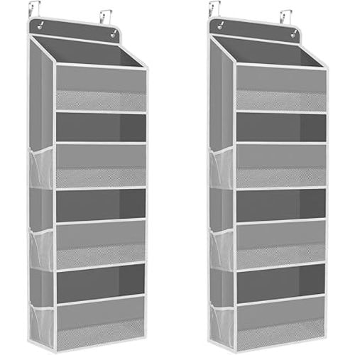 2 Pack Over The Door Organizer, Hanging Storage Organizer with Clear Window, 40lb Ultra Sturdy Large Capacity Room Organizer for Pantry Laundry Bathroom Nursery Closet (Grey)