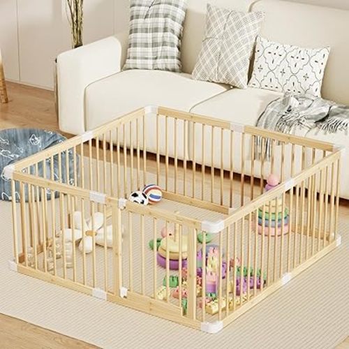Large Wooden Baby Playpen, Adjustable Gate for Toddler and Babies, Sturdy Fence Baby Play Yard with Door, Portable Safe Play Area Kids Activity Center(56x56x24inches)