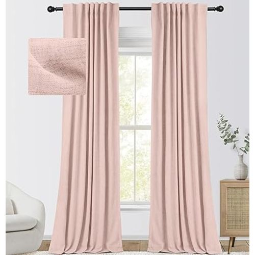 INOVADAY 100% Blackout Curtains for Bedroom, Thermal Black Out Curtains, Back Tab/Rod Pocket Linen Blackout Curtains, Room Darkening Drapes for Living Room, 52''W x 96''L, Blush Pink