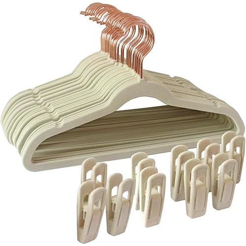 50-Pack 11 Inch Baby Closet Hangers with 10 Clips - Soft Velvet Non-Slip Hangers for Infant & Toddler Clothes (Beige)