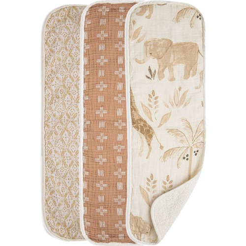 CRANE BABY 3-Pack Cotton Baby Burp Cloth Set, Tan/ Multi