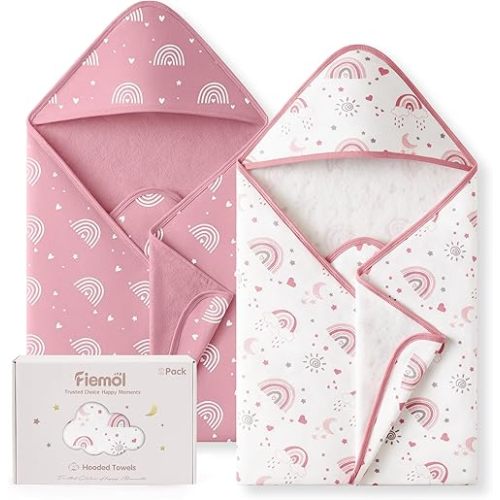 Hooded Baby Towels for Newborn,100% Cotton Baby Bath Towels with Hood for Infant Toddler Girl, 2 Pack 32x32 Inch Soft & Absorbent Knit Terry Bath Essentials Pink Rainbow