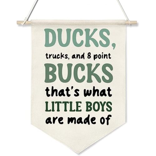 Boys Room Wall Banner-Ducks, Trucks, and Bucks-Canvas Hanging Poster, Western Country Woodland Baby Nursery Wall Art for Boys Room, Toddler Playroom Decor, Gift for New Parents or Baby Shower 16x11inch (KD20)