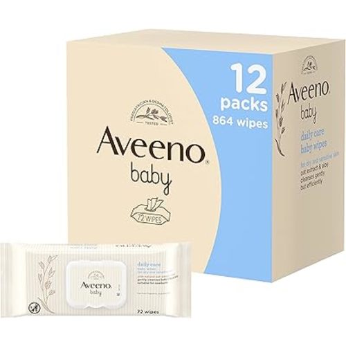 AVEENO Baby Daily Care Wipes - Cleanse Gently and Efficiently - Baby Wipes - Baby Essentials - 72 Wipes, Lid On Each Pack, Pack of 12 (864 Wipes in Total)