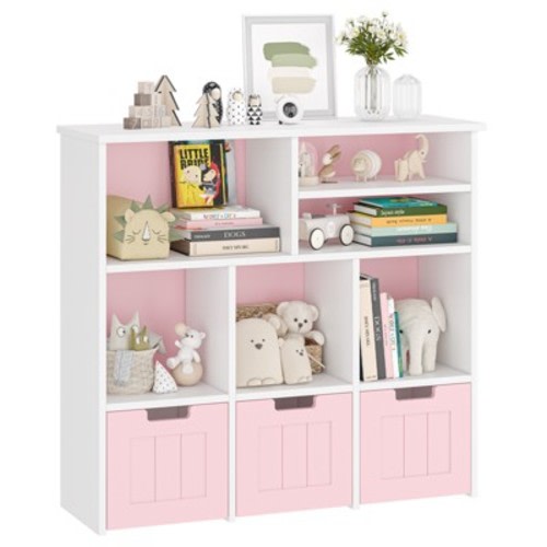 Toy Storage Cabinet w/Drawers Cubes, Children's Toy Shelf Kids Bookshelf w/Wheels, Kids Bookcase Toy Storage Organizer for Bedroom Playroom Nursery