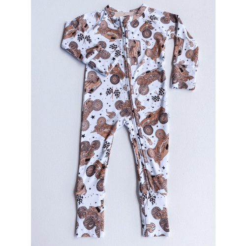 neutral monster trucks bamboo romper